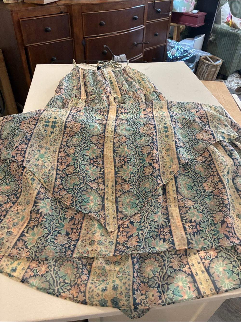 Fairy Core American Eagle Floral Boho Maxi Dress Mint Blush Handkerchief Sz M - Picture 9 of 12